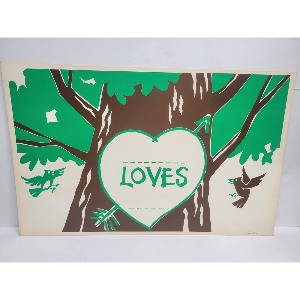 Vtg 1984 Balloon City USA Love Heart Tree Bird yard sign Poster 14x22